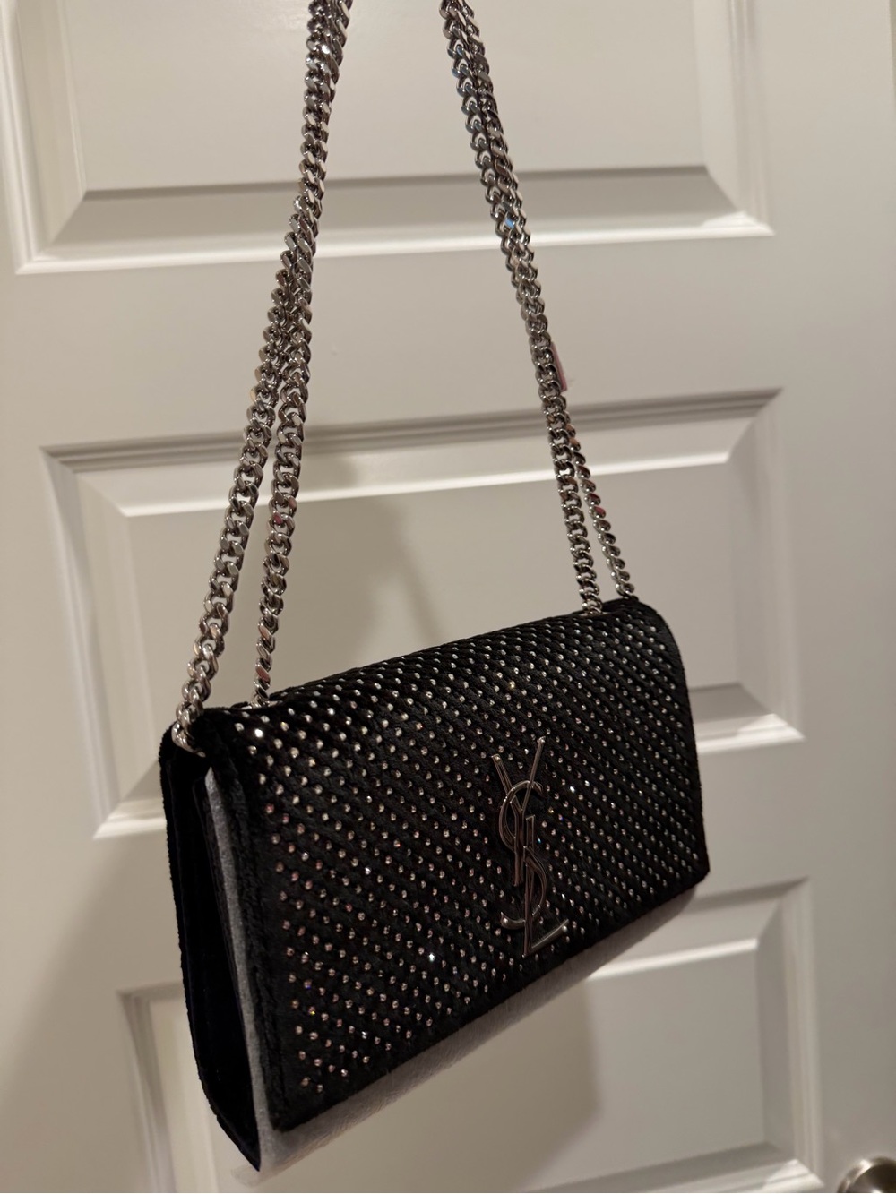 New! Saint Laurent Black Velvet
Crossbody Bag with Crystal Accents - Picture 6 of 15